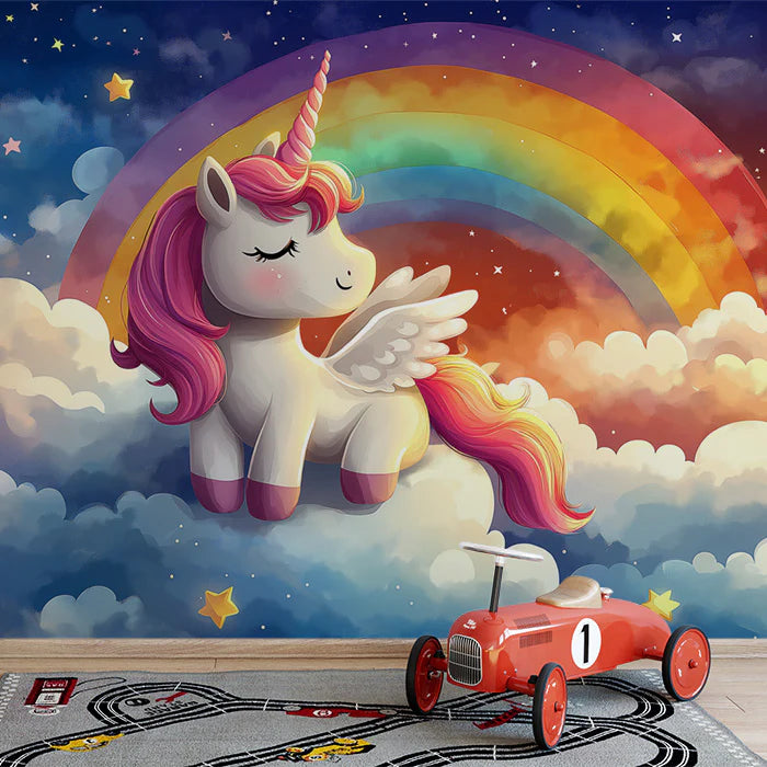 Unicorn and Rainbow Mural Wallpaper Pink, Purple, Yellow, Blue and White Unicorn -2 Mural Wallpaper - pure wallpaper artwork