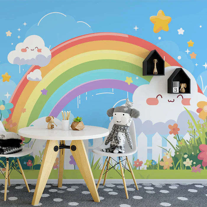 Rainbow and Clouds with Fence Mural Wallpaper Pink, Green, Blue, Yellow and White Rainbow -1 Mural Wallpaper