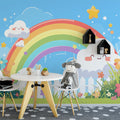 Rainbow and Clouds with Fence Mural Wallpaper Pink, Green, Blue, Yellow and White Rainbow -1 Mural Wallpaper - pure wallpaper artwork