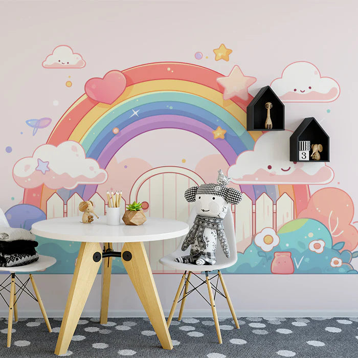 Rainbow and Clouds with Fence Mural Wallpaper Pink, Green, Blue, Yellow and White Rainbow -2 Mural Wallpaper