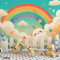 Rainbow and Clouds with Fence Mural Wallpaper Pink, Green, Blue, Yellow and White Rainbow -3 Mural Wallpaper - pure wallpaper artwork