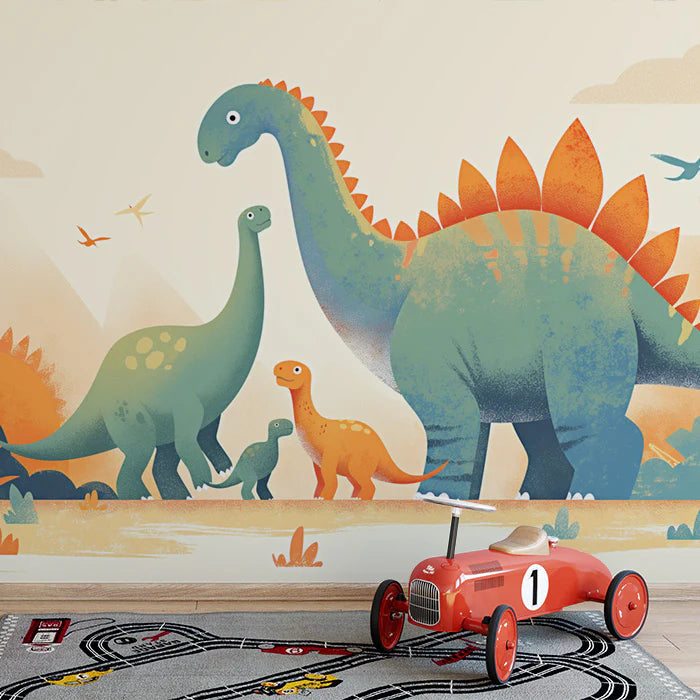 Dinosaur Landscape Mural Wallpaper Yellow, Green, Blue and Brown Dinosaur -1 Mural Wallpaper - pure wallpaper artwork