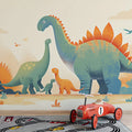 Dinosaur Landscape Mural Wallpaper Yellow, Green, Blue and Brown Dinosaur -1 Mural Wallpaper - pure wallpaper artwork