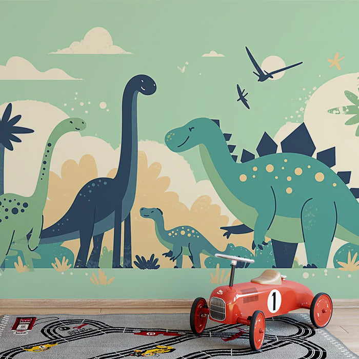 Dinosaur Landscape Mural Wallpaper Yellow, Green, Blue and Brown Dinosaur -3 Mural Wallpaper