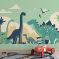 Dinosaur Landscape Mural Wallpaper Yellow, Green, Blue and Brown Dinosaur -3 Mural Wallpaper - pure wallpaper artwork