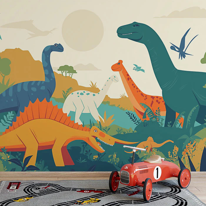 Dinosaur Landscape Mural Wallpaper Yellow, Green, Blue and Brown Dinosaur -4 Mural Wallpaper - pure wallpaper artwork