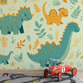Cute Dinosaur Pattern Mural Wallpaper Green, Orange, Blue and White Dinosaur -1 Mural Wallpaper - pure wallpaper artwork