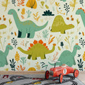Cute Dinosaur Pattern Mural Wallpaper Green, Orange, Blue and White Dinosaur -2 Mural Wallpaper - pure wallpaper artwork