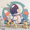 Cute Astronaut with Rocket Mural Wallpaper Blue, Orange, White and Pink Astronaut -1 Mural Wallpaper - pure wallpaper artwork