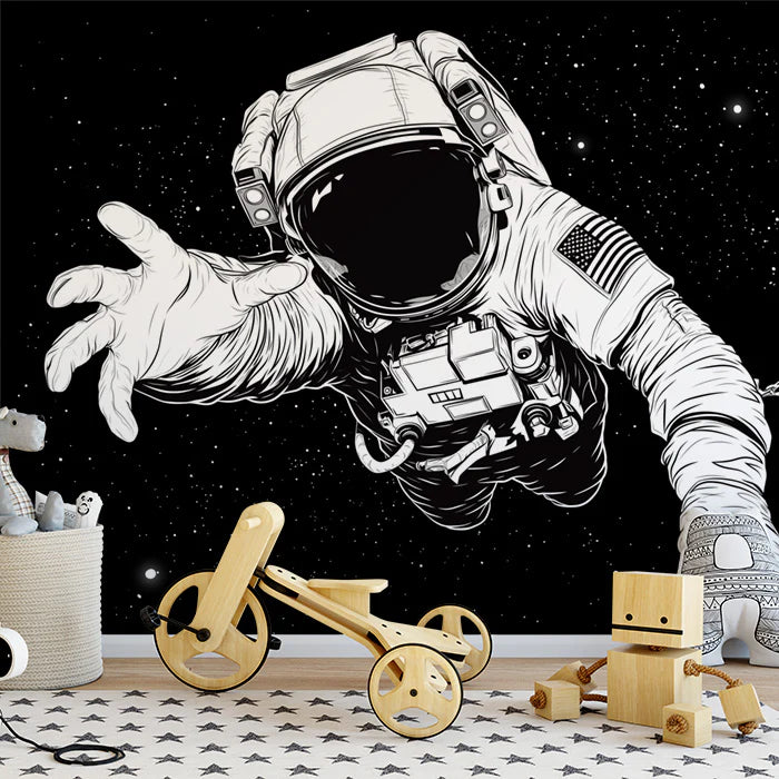 Black and White Astronaut Mural Wallpaper for a playroom Black, White and Gray Astronaut Mural Wallpaper