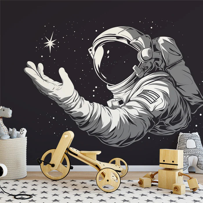Black and White Astronaut Mural Wallpaper for a Nursey Black, White and Gray Astronaut Mural Wallpaper