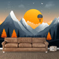 Mountain Sunset with Hot Air Balloons Mural Wallpaper Orange, Blue, Gray and Green Mountain Mural Wallpaper - pure wallpaper artwork