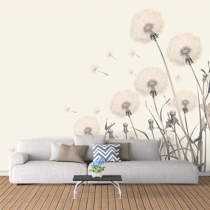 Dandelion and Dragonfly Mural Wallpaper for a living room White, Blue and Light Gray Dandelion -1 Mural Wallpaper - pure wallpaper artwork