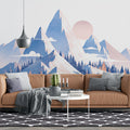 Blue Mountain and Sun Mural Wallpaper for a living room Blue, Orange and White Mountain Mural Wallpaper - pure wallpaper artwork