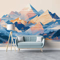 Blue Mountain and Sun Mural Wallpaper for a study Blue, Orange and White Mountain Mural Wallpaper - pure wallpaper artwork