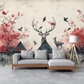 Deer Head with Roses Mural Wallpaper White, Gray, Red and Brown Deer -1 Mural Wallpaper - pure wallpaper artwork