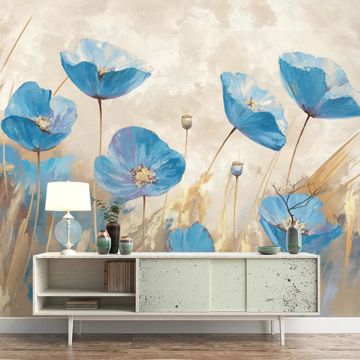 Blue Flower Field Mural Wallpaper for Study room Blue Beige and Brown Flower Mural Wallpaper