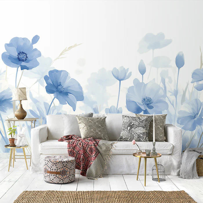 Blue Flower Field Mural Wallpaper Blue Beige and Brown Flower Mural Wallpaper