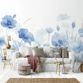 Blue Flower Field Mural Wallpaper Blue Beige and Brown Flower Mural Wallpaper - pure wallpaper artwork