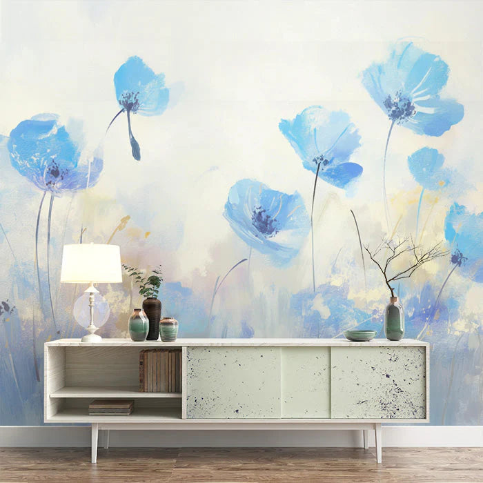 Blue Flower Field Mural Wallpaper for a bedroom's wall Blue Beige and Brown Flower Mural Wallpaper - pure wallpaper artwork
