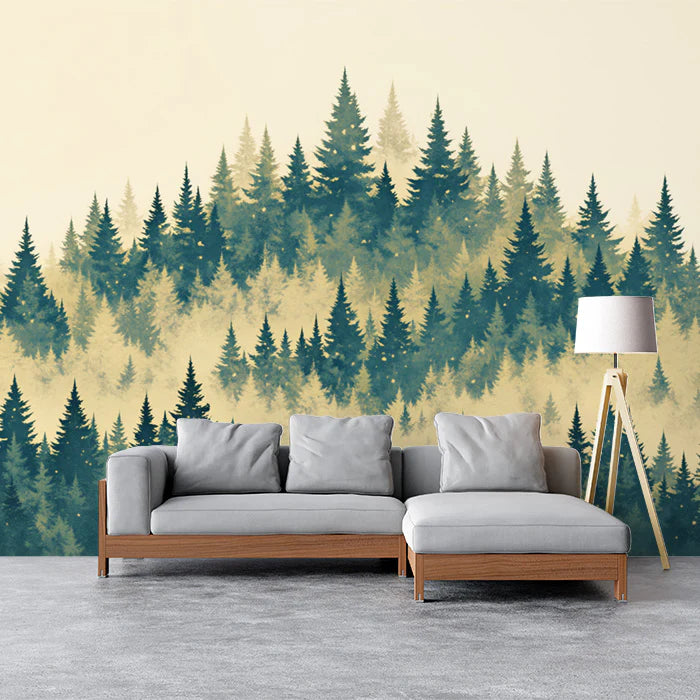 Misty Forest Mural Wallpaper Green, Blue and Beige Forest -1 Mural Wallpaper - pure wallpaper artwork