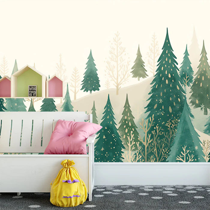 Winter Forest Pine Tree Wallpaper Mural – Nordic Woodland Wall Decor Mural Wallpaper - pure wallpaper artwork