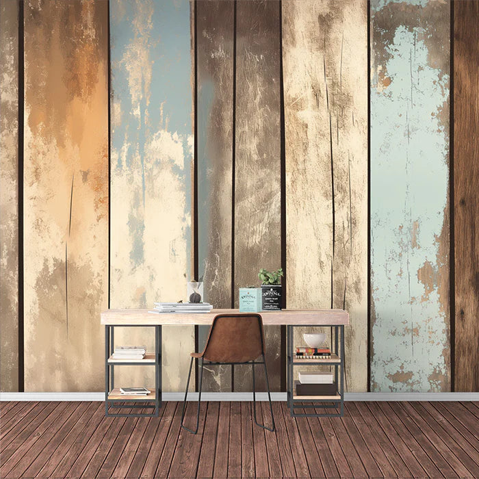 Rustic Wood Panel Mural Wallpaper Brown, Blue, Beige and Tan wood panel Mural Wallpaper - pure wallpaper artwork