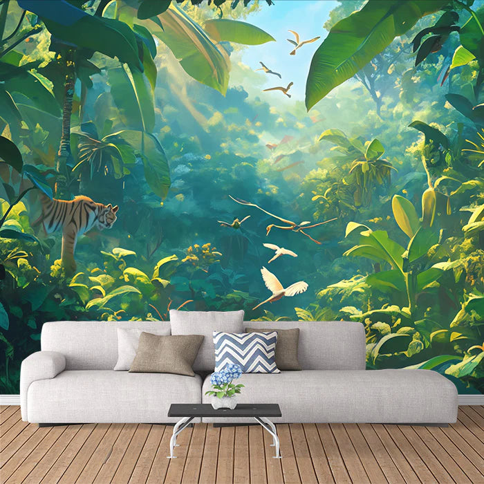 Tropical Jungle with Tiger Mural Wallpaper Green, Yellow and Blue Jungle Mural Wallpaper