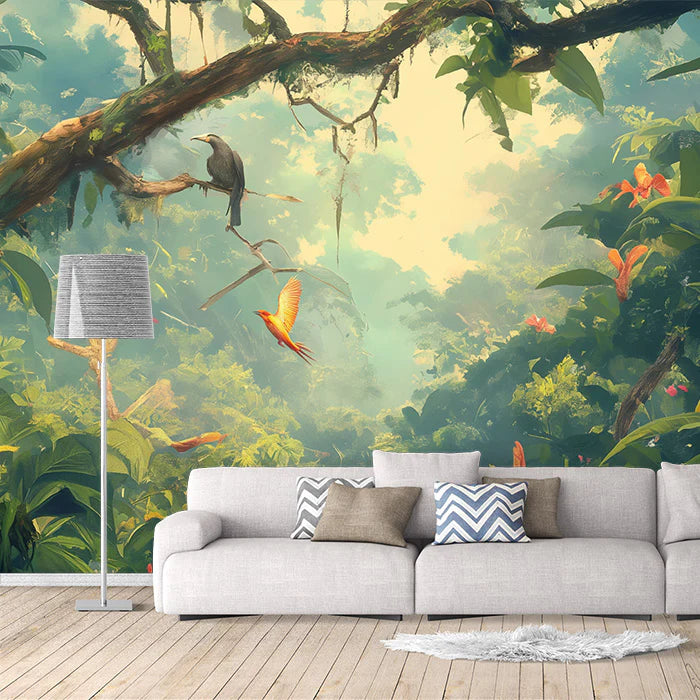 Tropical Forest with Parrot Mural Wallpaper Green, Yellow, Blue and Red Forest Mural Wallpaper - pure wallpaper artwork