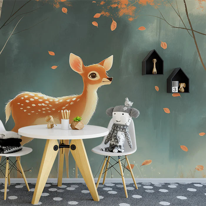 Green Forest with Fawn Mural Wallpaper Green, Orange and White Fawn Mural Wallpaper - pure wallpaper artwork