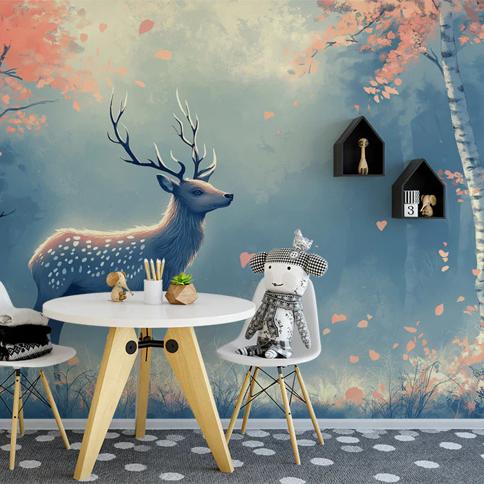 Blue Forest with Deer and Autumn Leaves Mural Wallpaper for a kid's room Blue, Orange and White Dear Mural Wallpaper