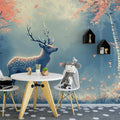 Blue Forest with Deer and Autumn Leaves Mural Wallpaper for a kid's room Blue, Orange and White Dear Mural Wallpaper - pure wallpaper artwork