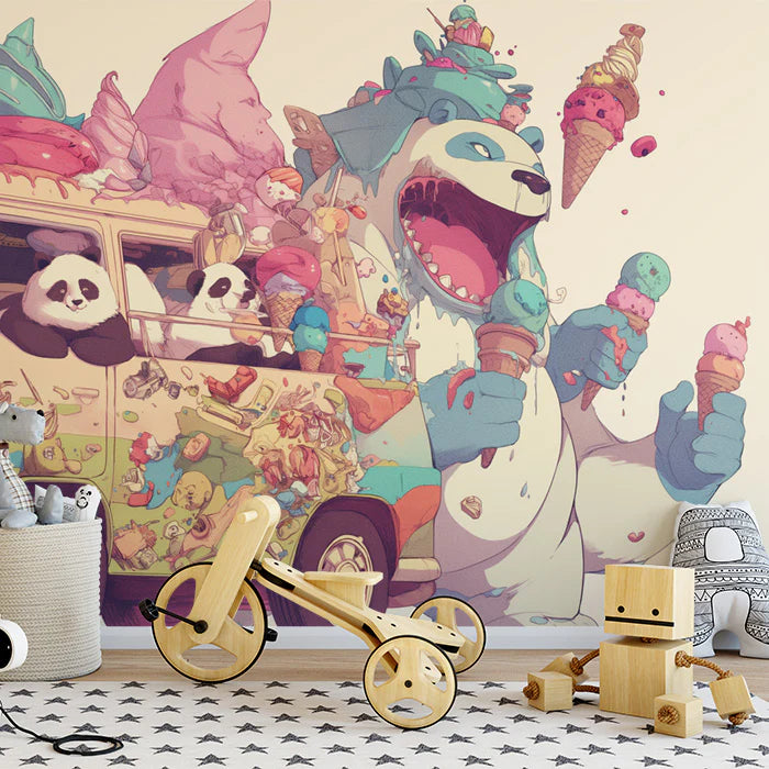 Colorful Panda Ice Cream Van Mural Wallpaper Various Colors Panda Mural Wallpaper - pure wallpaper artwork