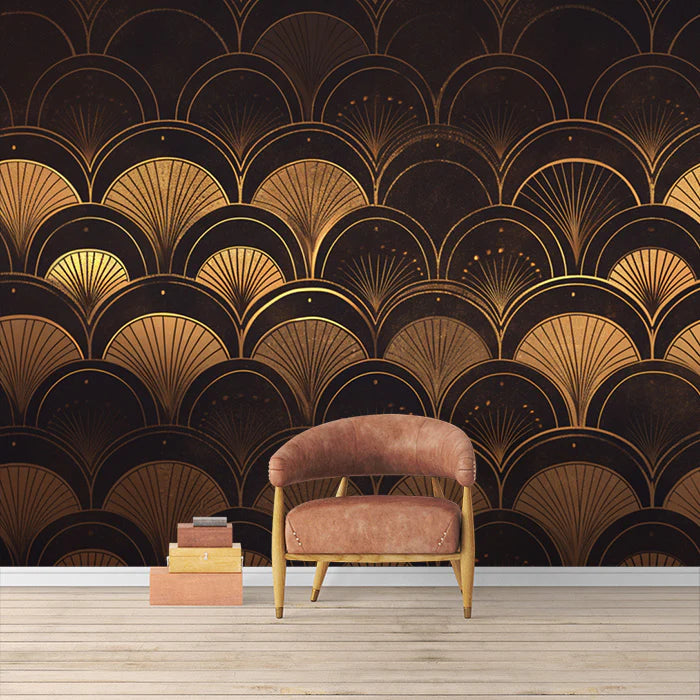 Art Deco Fan Pattern Mural Wallpaper for a Reading room Black, Gold and Dark Brown Deco Mural Wallpaper