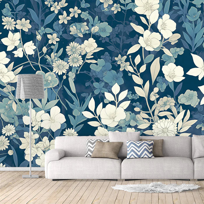 Navy Blue Floral Mural Wallpaper Navy Blue, Light Blue and White Flower Mural Wallpaper - pure wallpaper artwork