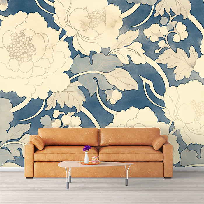 Blue and Cream Floral Mural Wallpaper Blue, Cream and Light Blue Flower Mural Wallpaper - pure wallpaper artwork