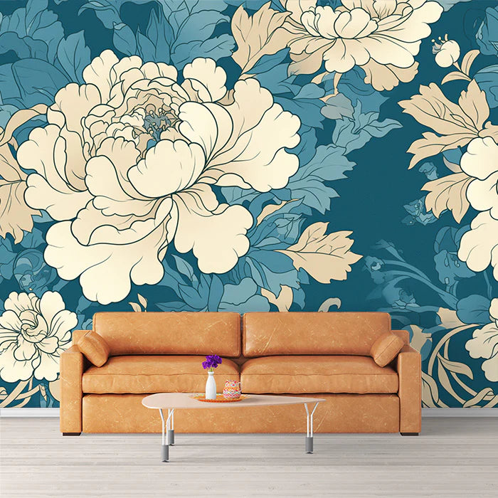 Teal and Cream Floral Mural Wallpaper Teal, Cream and Light Blue Flower Mural Wallpaper