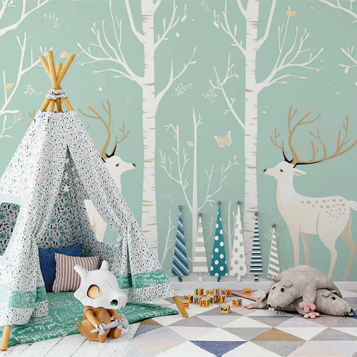 Mint Green Forest with Deer Mural Wallpaper for a child's room Mint Green, White and Brown Deer Mural Wallpaper - pure wallpaper artwork