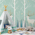 Mint Green Forest with Deer Mural Wallpaper for a child's room Mint Green, White and Brown Deer Mural Wallpaper - pure wallpaper artwork