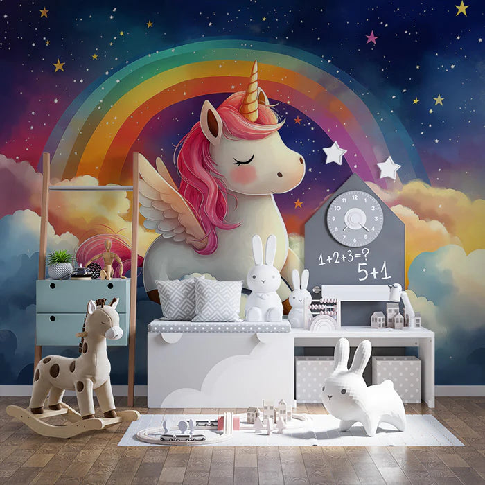 Night Sky with Rainbow Mural Wallpaper Blue, Purple, Pink, Yellow and Orange Rainbow Night -1 Mural Wallpaper - pure wallpaper artwork