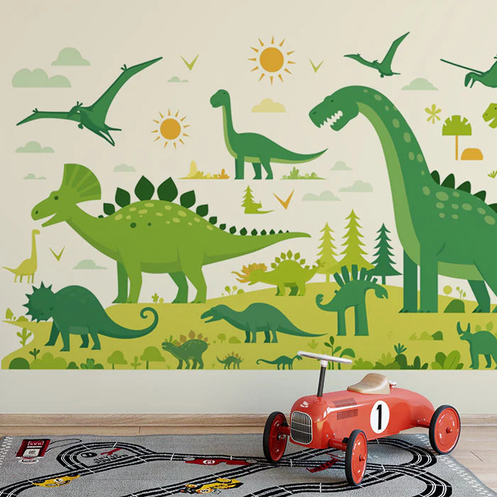 Dinosaur Landscape Mural Wallpaper Yellow, Green, Blue and Brown Dinosaur -3 Mural Wallpaper - pure wallpaper artwork