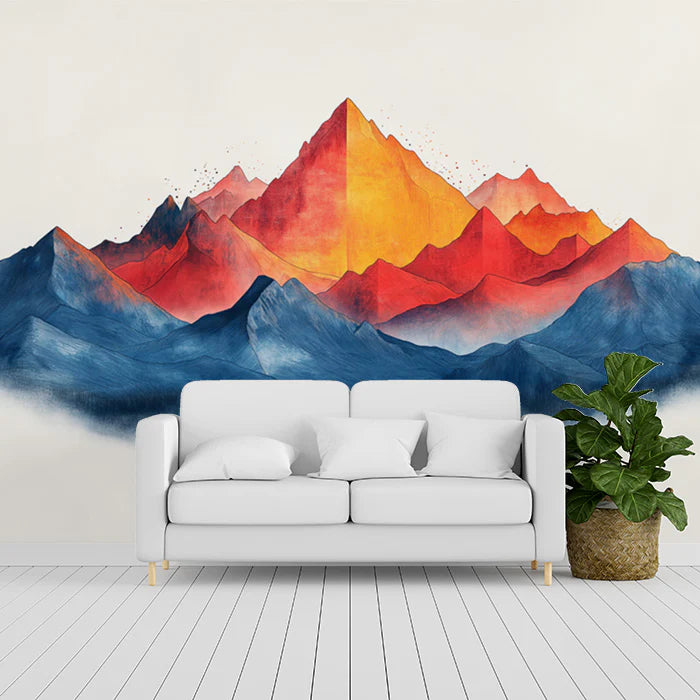 Mountain Sunset Mural Wallpaper for a living room Orange, Red, Blue and Gray Sunset Mural Wallpaper - pure wallpaper artwork