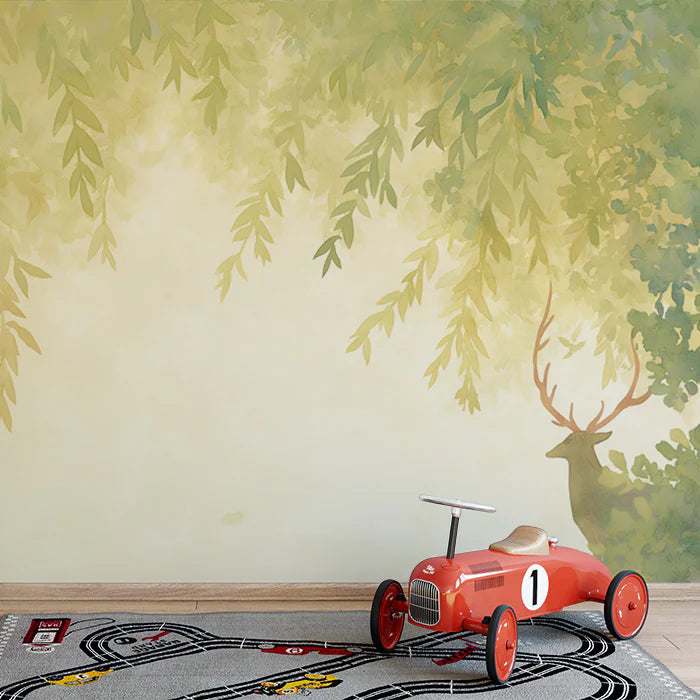 Deer and Leafy Canopy Mural Wallpaper Green, Yellow and Beige Deer -2 Mural Wallpaper - pure wallpaper artwork