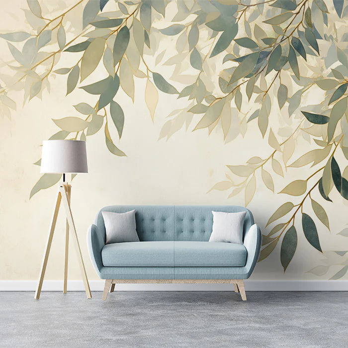 Green Leafy Mural Wallpaper for a Reading room Various Shades of Green and Beige Leaves Mural Wallpaper - pure wallpaper artwork