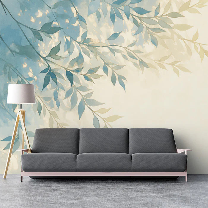 Green Leafy Mural Wallpaper for a living room Various Shades of Green and Beige Leaves Mural Wallpaper - pure wallpaper artwork