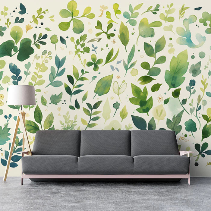 Green Leafy Mural Wallpaper for a Reading room Various Shades of Green and Beige Leaves Mural Wallpaper