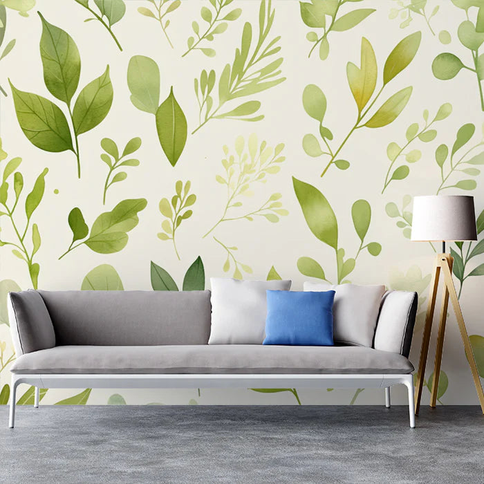 Green Leafy Mural Wallpaper for a study room Various Shades of Green and Beige Leaves Mural Wallpaper - pure wallpaper artwork