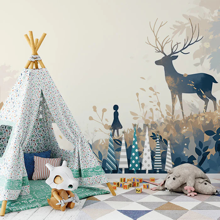 Deer and Bamboo Mural Wallpaper Green, Blue and Beige Bamboo and Deer -1 Mural Wallpaper - pure wallpaper artwork