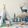 Deer and Bamboo Mural Wallpaper Green, Blue and Beige Bamboo and Deer -1 Mural Wallpaper - pure wallpaper artwork