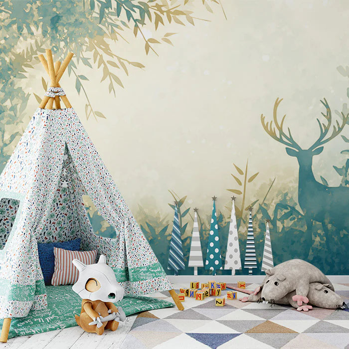 Deer and Leafy Canopy Mural Wallpaper Green, Yellow and Beige Deer -4 Mural Wallpaper